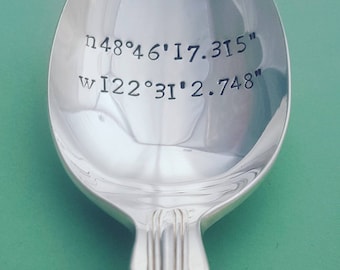 Love spoon - Coordinates, Longitude, Latitude, Name date. Personalised, vintage, silver plate. Wedding, valentines, anniversary. What 3 word