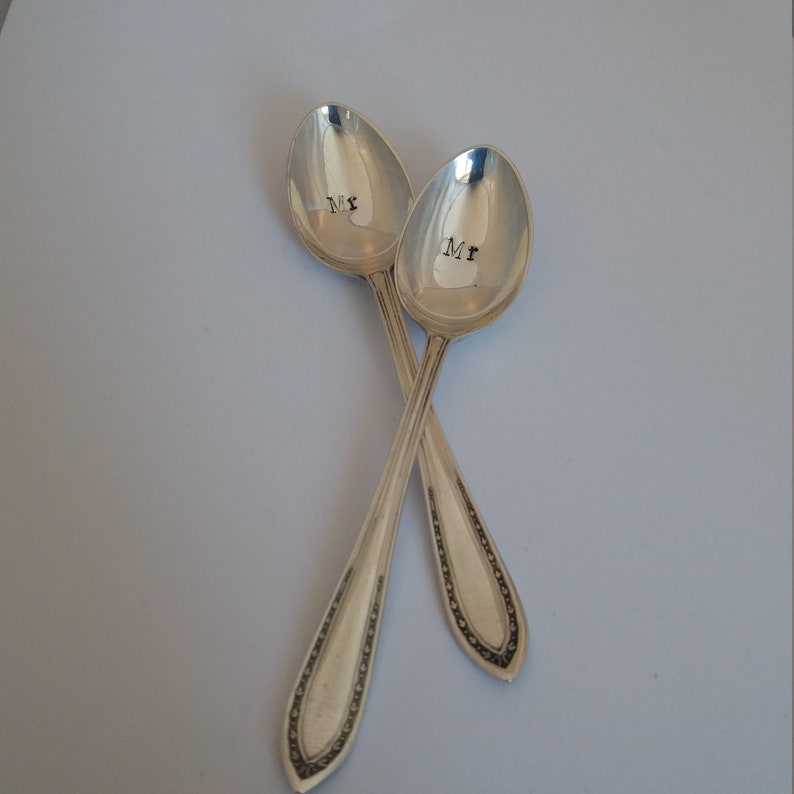 Handstamped personalised Vintage Silver Plated upcycled. Wedding bride groom names Mr Mrs Pair of teaspoons new house gift engagement