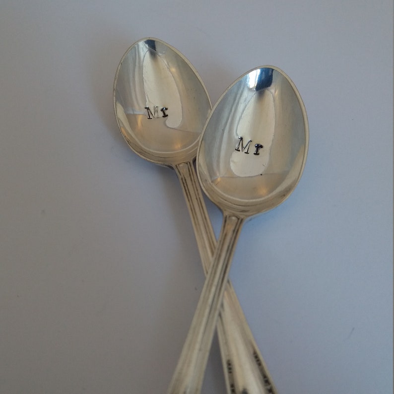 Handstamped personalised Vintage Silver Plated upcycled. Wedding bride groom names Mr Mrs Pair of teaspoons new house gift engagement