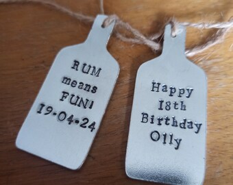 Bottle gift tag. Personalised with your own text. Hand stamped aluminium. Gin whisky run port champagne prosecco