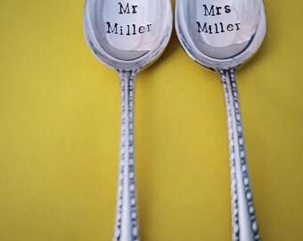 Personalised Mr Mrs, bride groom, names. Wedding, engagement, new house gift. Pair of teaspoons. Handstamped. Vintage Silver Plated upcycled