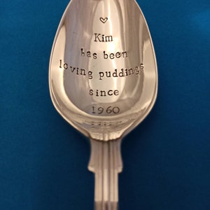 Dessert Spoon, Handstamped, personalised message. Upcycled, reloved unique Christmas gift for pudding lovers! Vintage silver plated.