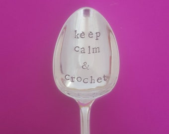 Keep calm & crochet/keep knitting. Teaspoon, Vintage Silver Plated, upcycled, hand stamped, unusual Christmas Gift coffee, tea,hot chocolate