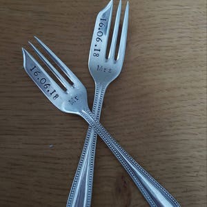 Pair of Wedding cake forks. Bride and Groom. Wedding Date. Vintage. Personalised handstamped gift, keepsake. His Hers, Mr Mrs, I do me too image 9