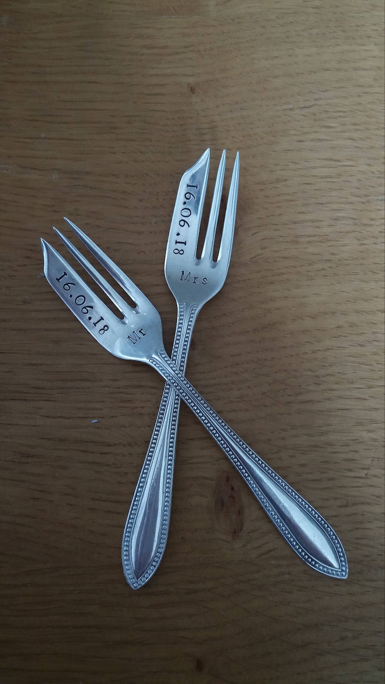 Pair of Wedding cake forks. Bride and Groom. Wedding Date. Vintage. Personalised handstamped gift, keepsake. His Hers, Mr Mrs, I do me too image 9