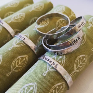 customised Napkin Rings, Name Places, personalised. Aluminium, copper or brass. Christmas. Wedding favour. Unique table decor. Handstamped