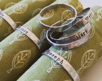 customised Napkin Rings, Name Places, personalised. Aluminium, copper or brass. Christmas. Wedding favour. Unique table decor. Handstamped