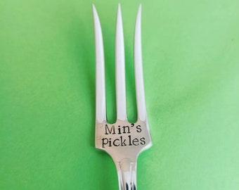 Pickle fork. Pickled. Vintage silver plated, handstamped. Personalised. Unusual Christmas Gift. Onions, gherkins. Recycle reuse relove.