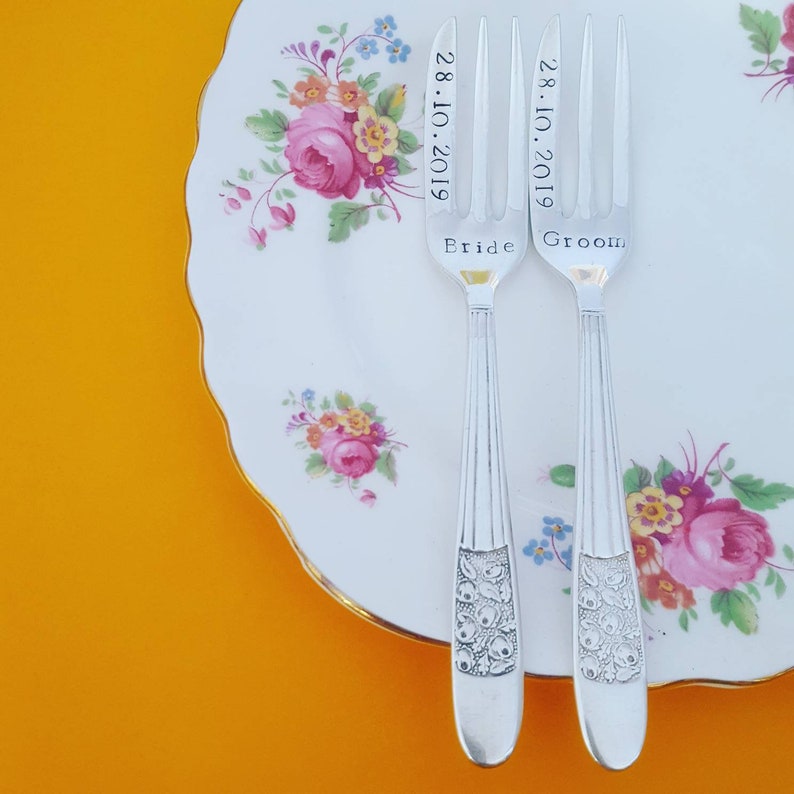 Pair of Wedding cake forks. Bride and Groom. Wedding Date. Vintage. Personalised handstamped gift, keepsake. His Hers, Mr Mrs, I do me too image 1