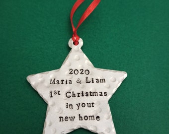 Personalised Christmas tree star decoration on a card. Name and 1st first Christmas in our/your new home 2024