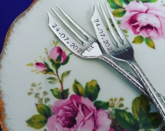 Pair of Wedding cake forks. Mr and Mrs. Wedding Date. Vintage. Personalised handstamped gift, keepsake. His Hers, Bride Groom. silver plate