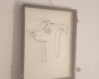 Wire art greyhound. Alternative art. Framed ready to hang. Unique.