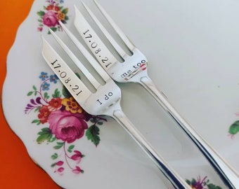 Pair of Wedding cake forks. I do, Me too. Wedding Date. Vintage. Personalised handstamped gift, keepsake. His Hers, Bride Groom.