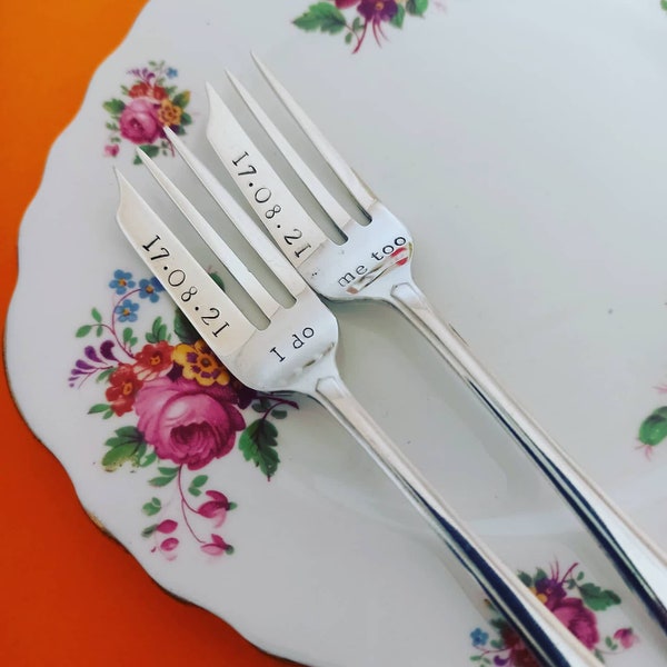 Pair of Wedding cake forks. I do, Me too. Wedding Date. Vintage. Personalised handstamped gift, keepsake. His Hers, Bride Groom.