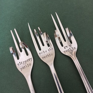 Pickle fork. Pickled. Vintage silver plated, handstamped. Personalised. Unusual Christmas Gift. Onions, gherkins. Recycle reuse sustainable