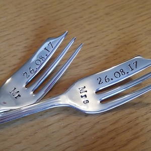 Pair of Wedding cake forks. Bride and Groom. Wedding Date. Vintage. Personalised handstamped gift, keepsake. His Hers, Mr Mrs, I do me too image 6