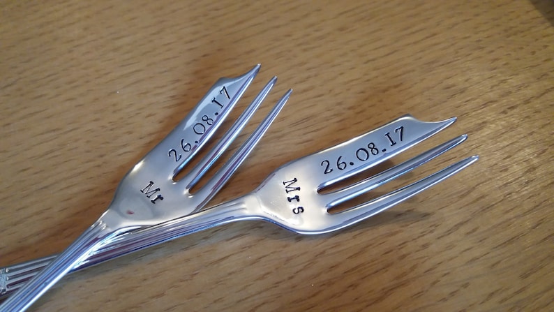 Pair of Wedding cake forks. Bride and Groom. Wedding Date. Vintage. Personalised handstamped gift, keepsake. His Hers, Mr Mrs, I do me too image 6