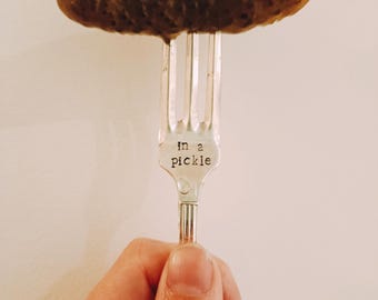 Pickle fork. Pickled. Vintage silver plated, handstamped. Personalised. Unusual Christmas Gift. Onions, gherkins. Recycle reuse sustainable