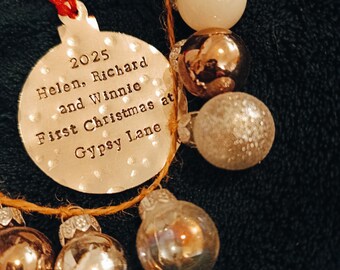 Mr and Mrs Personalised Christmas tree bauble decoration on a card. Names and First Christmas 2025 new baby, new home