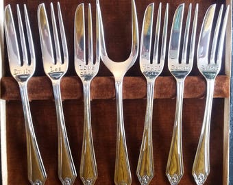 Cased cake fork set. Handstamped personalised. Vintage, silver plate, upcycled. Gift/keepsake celebration, wedding, anniversary, birthday