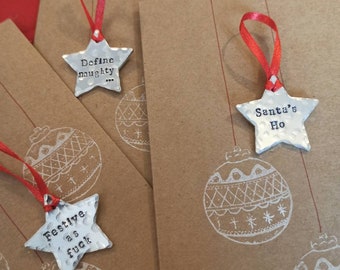 Set of three cards with rude profanity funny custom Christmas tree star decorations. Personalised with your text