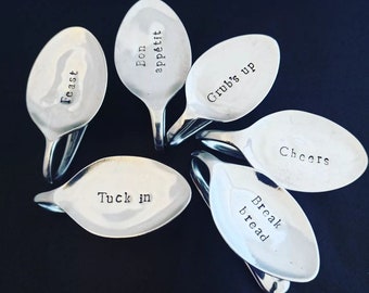 Set of Napkin Rings, Name Places, personalised. Vintage silver plate. Serviettes. Wedding favour. Upcycle. table decor. Handstamped spoon.
