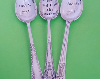 Decaf? WTF coffee lover teaspoon. Teaspoon, Vintage Silver Plated, reloved upcycled, hand stamped, coffee, hot chocolate Christmas gift