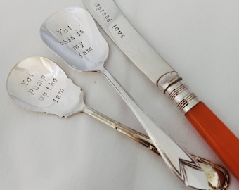 Jam spoon / shovel. Handstamped with life is sweet/pump up the jam. Personalised Vintage silver plate. Unusual Christmas Gift. Recycle reuse