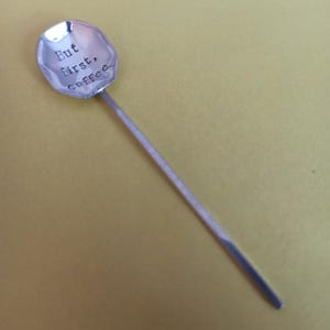 Coffee spoon. Vintage. Handstamped with personalised text. Silver plate, with coffee bean. Unusual Christmas Gift.