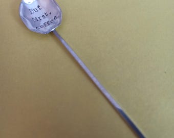 Coffee spoon. Vintage. Handstamped with personalised text. Silver plate, with coffee bean. Unusual Christmas Gift.