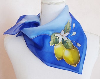 Blue hand painted lemon scarf. Neck handkerchief, personalized square scarf for women, silk shawl, personalized gifts