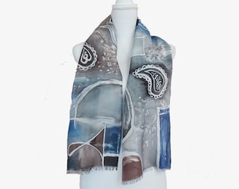 Paisley scarf with fringes. Personalized hand-painted men's scarf. Silk scarf gray, blue, brown. Made in Italy