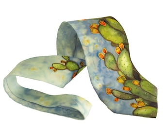 Green and blue silk tie with prickly pears for Sicilian wedding hand painted, Sicily man tie with initials. Gifts Sicily