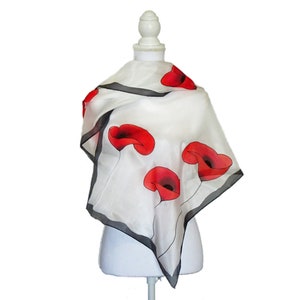 Red and white scarf for women hand painted. Poppy gift. Red accessories