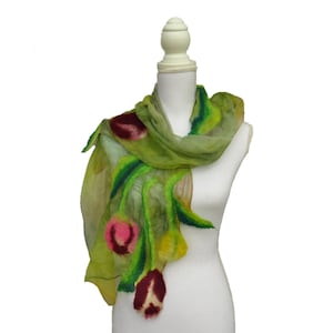 Nuno felt scarf with Tulips, silk and felted wool shawl, scarf with flowers and leaves in nuno felt, chic stole for ceremonies