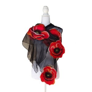 Nuno felted scarf with poppies, felted silk and wool shawl for women, nuno felted flower scarf, felted scarf