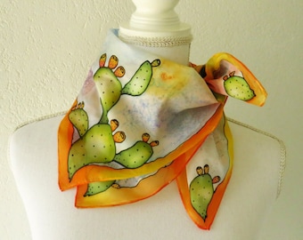 Silk square scarf for women, Sicilian cactus scarf, hand painted multicolor scarf, Sicily gifts, women's neckerchief