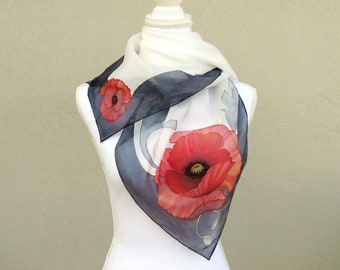 Square silk scarf with red poppies, red floral scarf