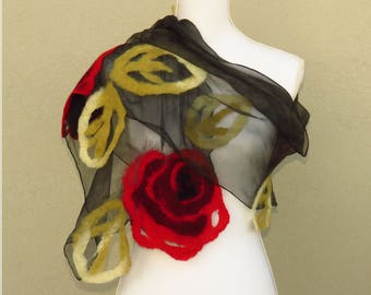 Scarves wool and silk, scarf with red roses of silk and felt, shawl of red and black wool, felted wool, scarf scarves in Nuno felt