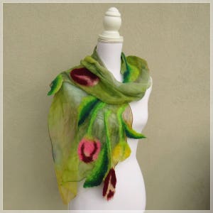 Nuno felt scarf with Tulips, silk and felted wool shawl, scarf with flowers and leaves in nuno felt, chic stole for ceremonies image 3