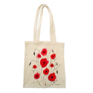 Hand-painted cotton shopper bag with poppies, personalized shopper bag with name or initials, personalized gifts with poppy