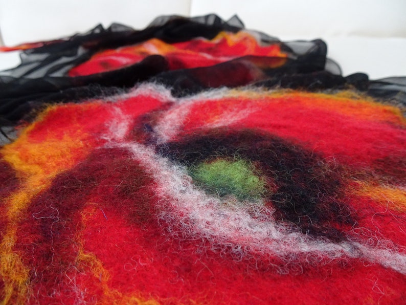 Nuno felted scarf with poppies, felted silk and wool shawl for women, nuno felted flower scarf, felted scarf image 6