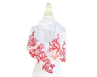 Long polyester scarf with hand-painted coral print, white and red shawl, coral red, marine coral decoration