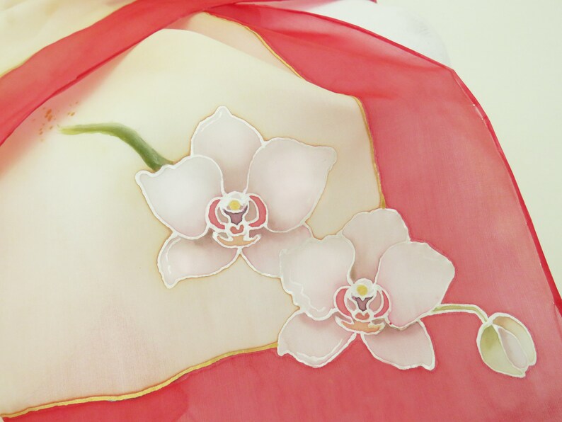 Hand-painted silk scarf with white orchids image 10