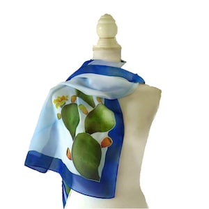 Schal im sizilianischen Stil, Kaktusfeigen, sizilianischer Schal, Kaktuskunst, sizilianische Geschenke, blauer und grüner reiner Seidenschal