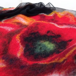 Nuno felted scarf with poppies, felted silk and wool shawl for women, nuno felted flower scarf, felted scarf image 9