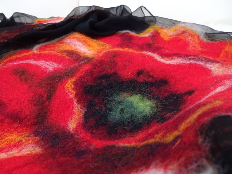 Nuno felted scarf with poppies, felted silk and wool shawl for women, nuno felted flower scarf, felted scarf image 9