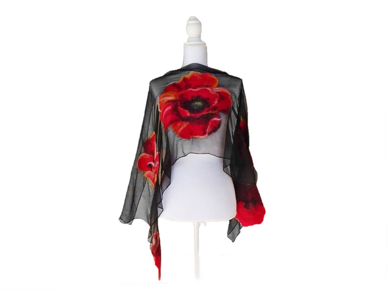 Nuno felted scarf with poppies, felted silk and wool shawl for women, nuno felted flower scarf, felted scarf image 3
