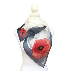 Square silk scarf with red poppies, red floral scarf