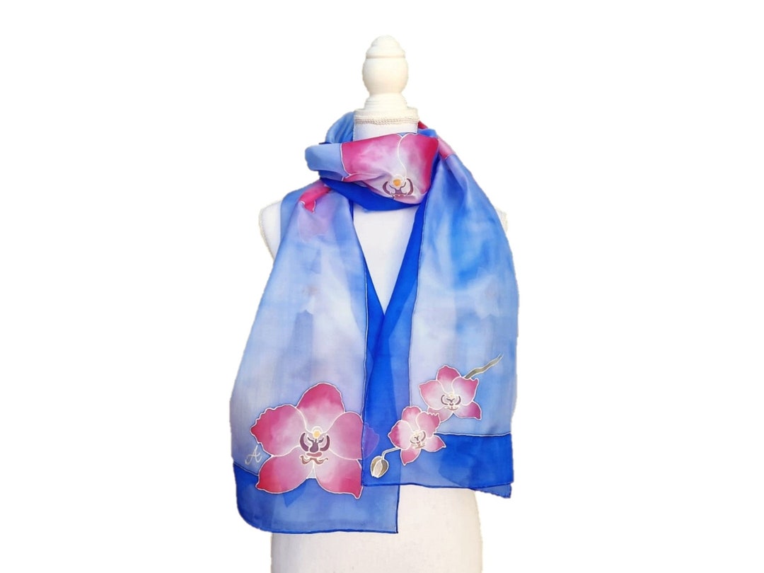 Hand Painted Silk Scarf Blue With Pink Orchids - Etsy